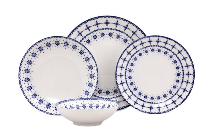 Hermia GBSATN24Y4R1614 Vajilla de Porcelana 24 Piezas Blanco y Azul Apta Lavavajillas Microondas